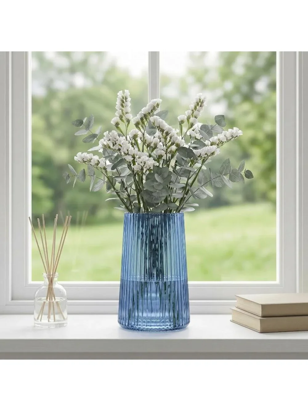 8 Inches Modern Blue Glass Vase Flower Bouquet Living Room Bedroom Home Deco